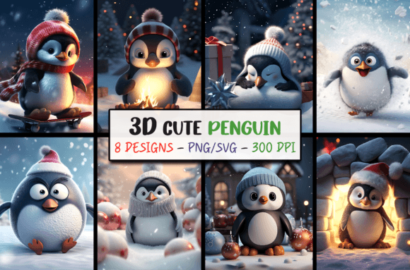 Adorable 3D Christmas Backgrounds Penguin SVG Collection