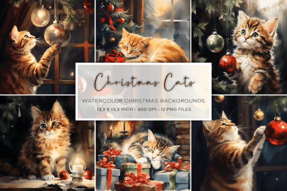 Christmas Cat Watercolor Backgrounds: Festive Feline Art for Your Designs